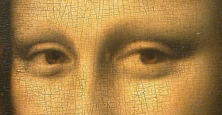 Détail des yeux de La Joconde montrant la technique sfumato de Léonard de Vinci