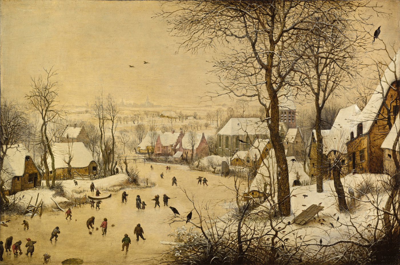 Paysage d'hiver avec patineurs et trappe aux oiseaux
