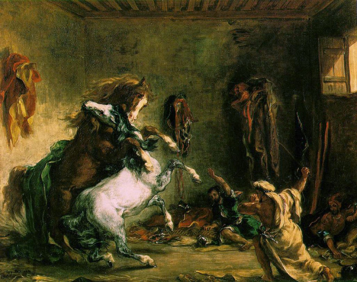 Chevaux arabes se battant à l'écurie - Eugène Delacroix
