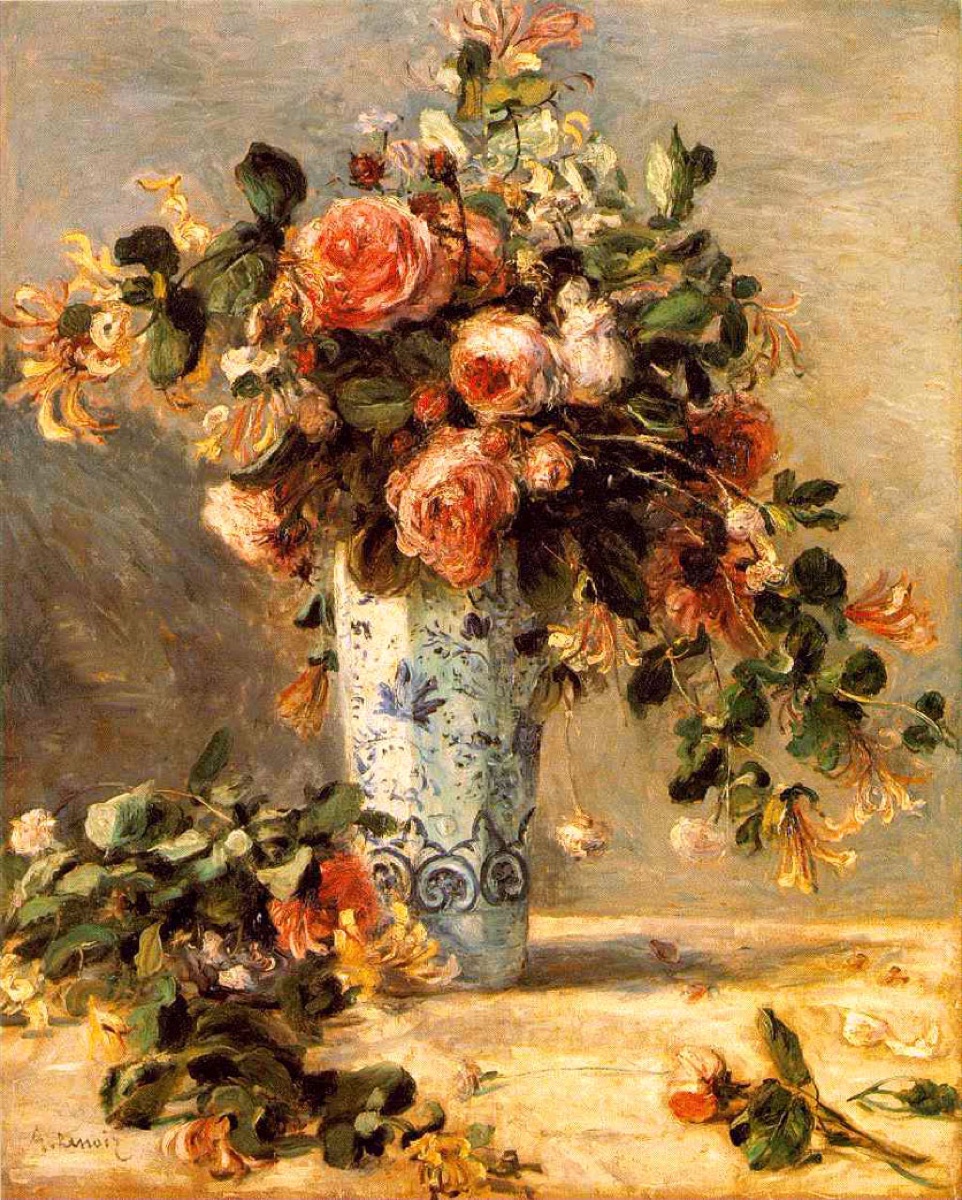 Roses et jasmin dans le vase de Delft - Pierre-Auguste Renoir